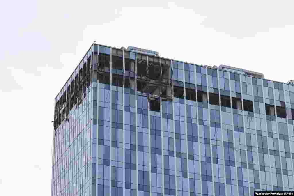 Damage from a blast and fire after a drone hit a high-rise building in Moscow on July 24. 