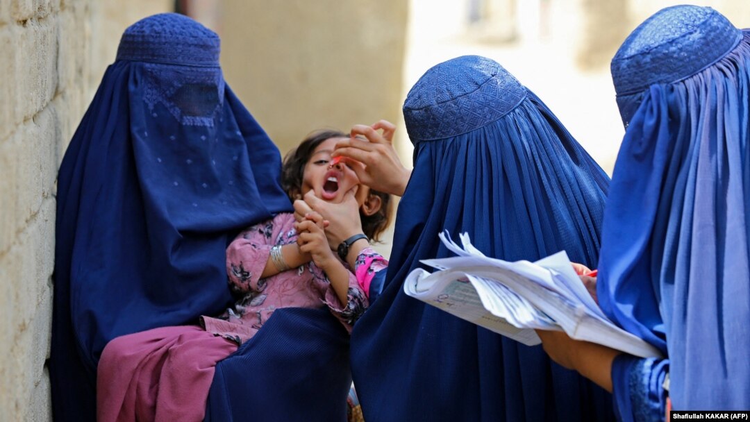 Afghan health workers administer polio vaccination drops to a child during an inoculation campaign in Jalalabad. (file photo)
