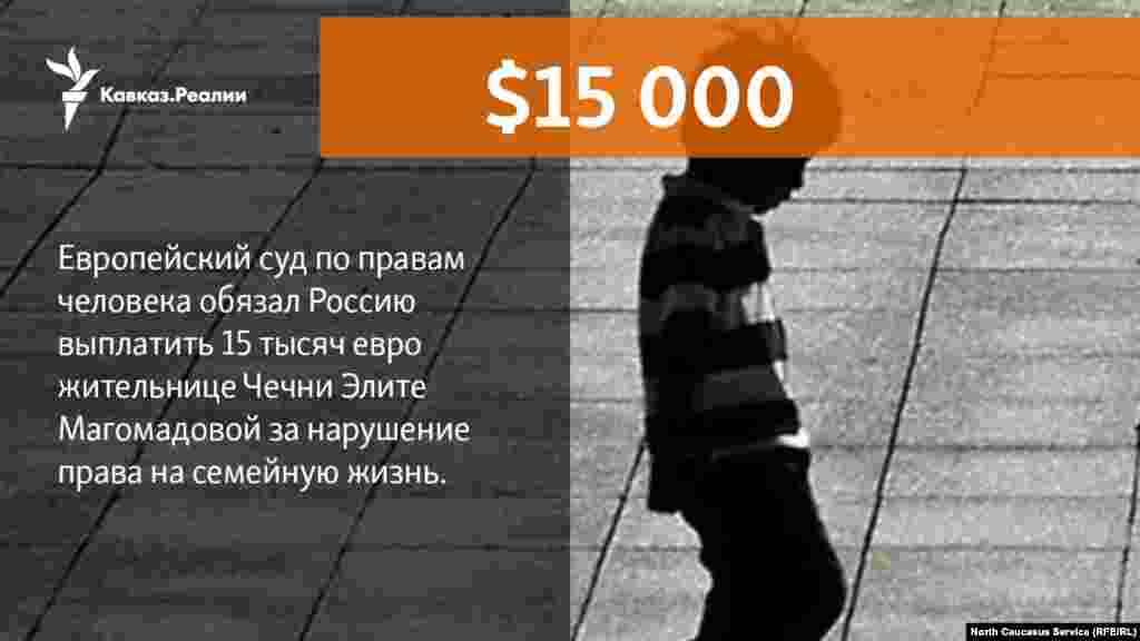 12.04.2018 // Европейский суд по правам человека присудил жительнице Чечни компенсацию в 15 тысяч евро за то, что приставы Грозного не могли вернуть ей незаконно увезенного отцом сына.
