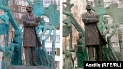 Сулда һәйкәлнең элекке күренеше, уңда Тукай кулыннан китабы алып кителгән күренеше