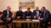 Британският премиер Киър Стармър, украинският президент Володимир Зеленски, френският президент Еманюел Макрон, полският премиер Доналд Туск и германският канцлер Фридрих Мерц в Киев на 10 май
