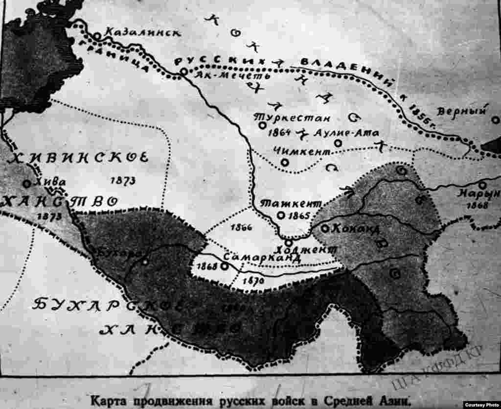 Орус аскерлеринин Орто Азияга жасаган жүрүшүнүн картасы. &nbsp;