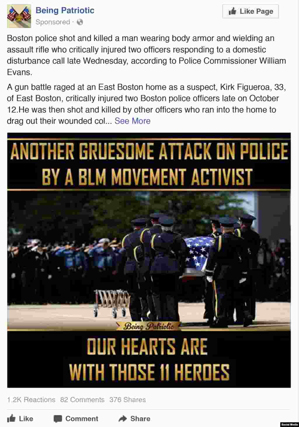 А эта реклама направлена на дискредитацию кампании Black Lives Matter против полицейского насилия. В ней утверждается, что активист BLM убил полицейского. "Еще одно отвратительное нападение", – гласит реклама. 