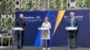 Верховная представительница ЕС по иностранным делам и политике безопасности Кая Каллас, премьер-министр Украины Денис Шмыгаль и министр иностранных дел Украины Андрей Сибига во время встречи для создания спецтрибунала по преступлениям России. Львов, 9 мая 2025 года
