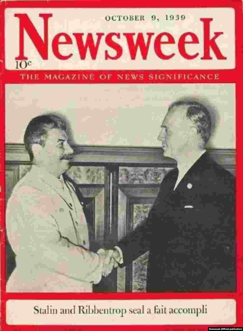 Сталин белән Риббентроп фотосы 1939 елның 9 октябрендә басылган "Newsweek" журналы тышлыгында.