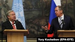 ՄԱԿ- ի գլխավոր քարտուղար Անտոնիո Գուտերեշի և ՌԴ արգործնախարար Սերգեյ Լավրովի համատեղ ասուլիսը, Մոսկվա, 21-ը հունիսի, 2018 թ․ 