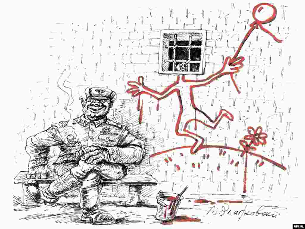 "Свобода шагает по стране". Карикатуру под таким названием нарисовал Михаил Златковский. Президент России сказал: "Свобода лучше, чем несвобода". Художник нарисовал.