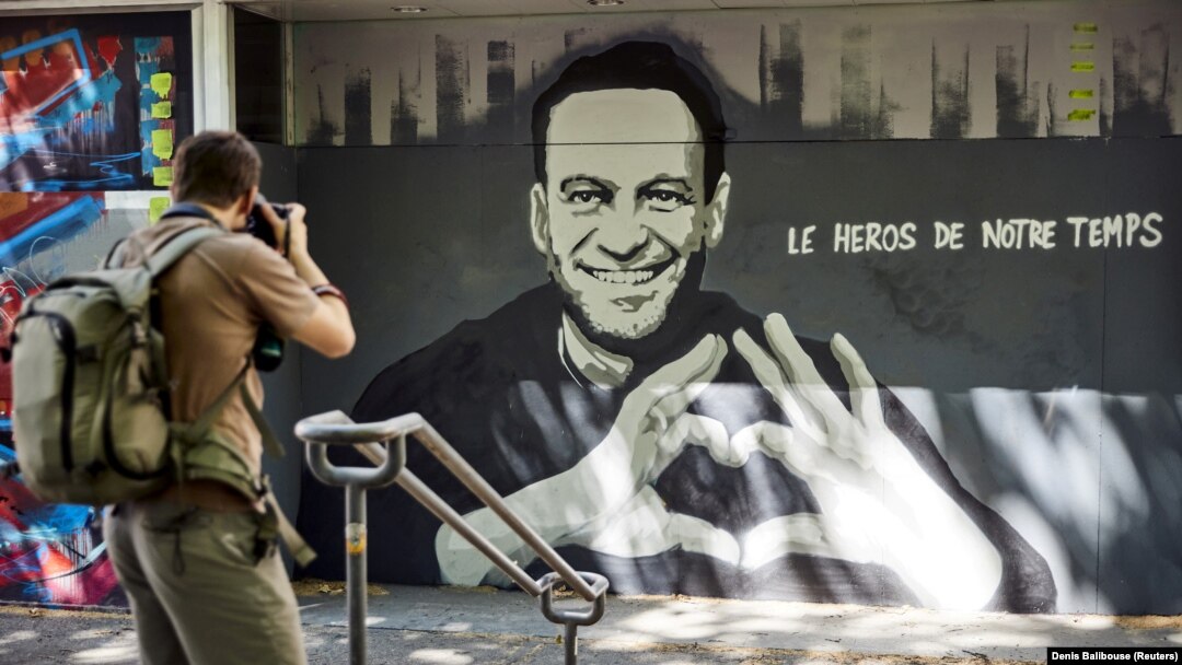 A portrait of Aleksei Navalny by Swiss artists Julien Baro & Lud is displayed ahead of the June 16 summit in the Swiss city between U.S. President Joe Biden and Russian President Vladimir Putin in Geneva.