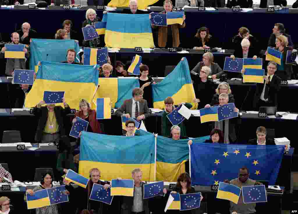 У залі засідань Європарламенту 12 грудня 2013 року. Європарламент закликає негайно почати посередницьку місію ЄС в Україні. Крім того, Європарламент висловлює повну солідарність із «демонстрантами за європейське майбутнє»