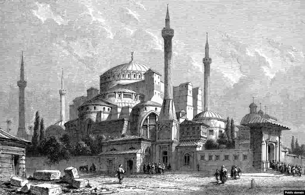 Айя-София в 1857 году. К строению были добавлены минареты, с которых муэдзины призывали верующих к молитве. 