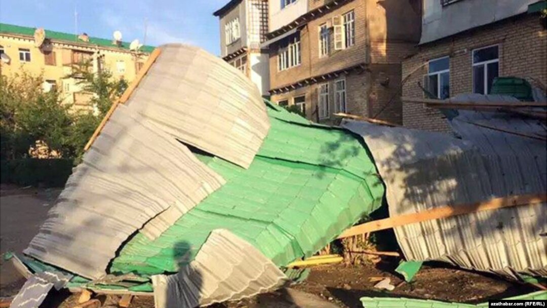 A residential building damaged from the storms in Turkmenistan's Lebap Province.